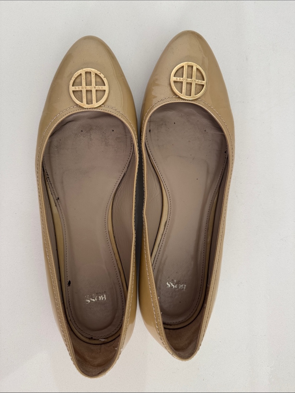 Boss Beige Patent Leather Pointed Ballet Flats with Gold Logo Disc